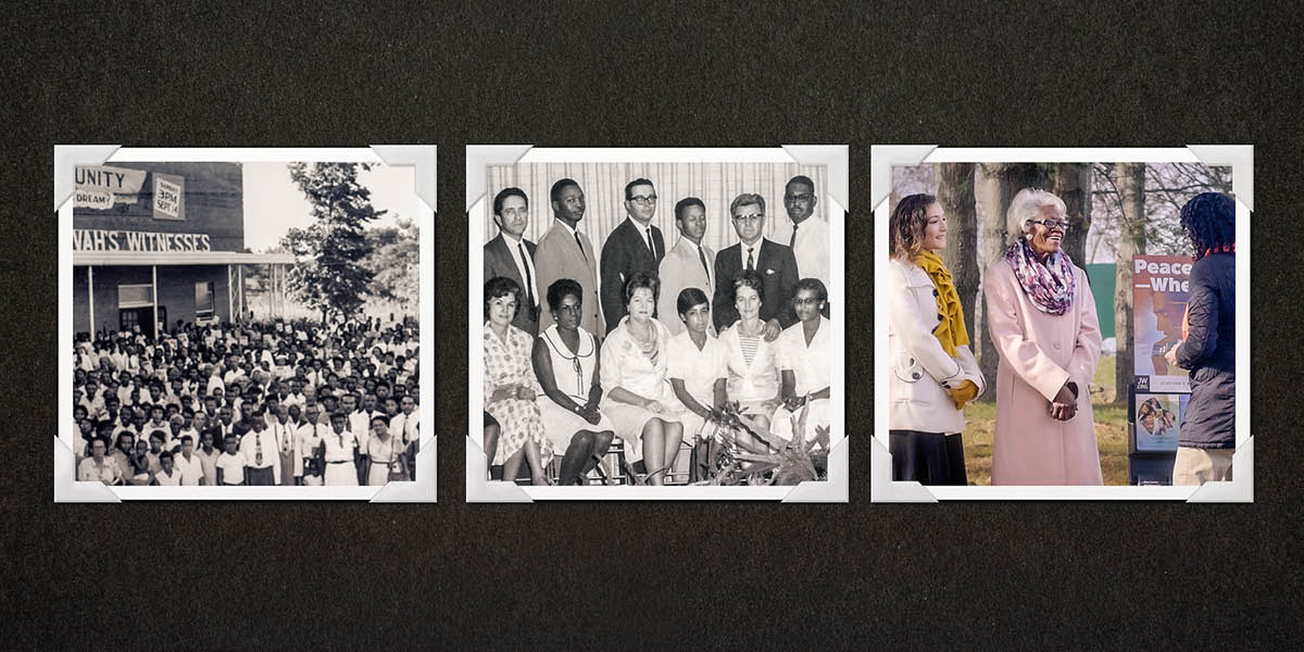 Collage: A scene from the video “A United People in a Divided World.” 1. A crowd of only black brothers and sisters at an assembly. 2. A group of both black and white elders and their wives pose for a photo. 3. Two sisters of different ages and races participate in public witnessing.