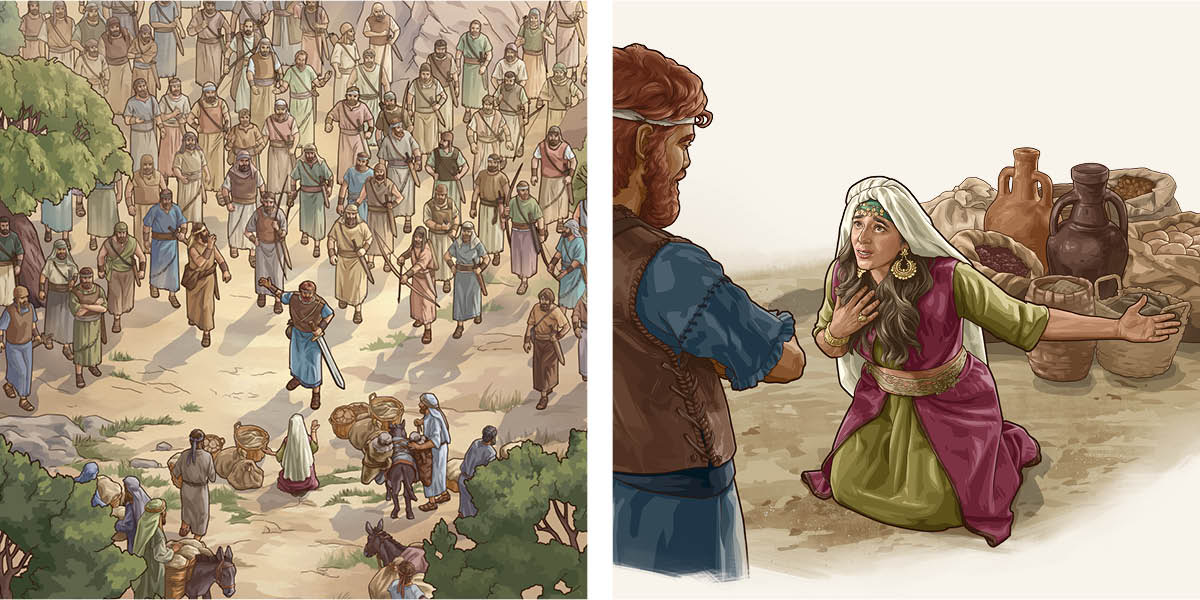 Collage: 1. David stops his armed men when they meet Abigail and her servants with food provisions. 2. Abigail humbly kneels before David as she pleads with him.