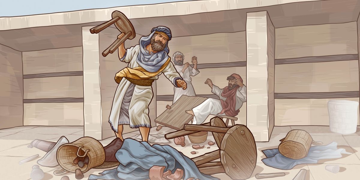 Nehemiah throwing Tobiahʼs belongings out of a temple dining hall.