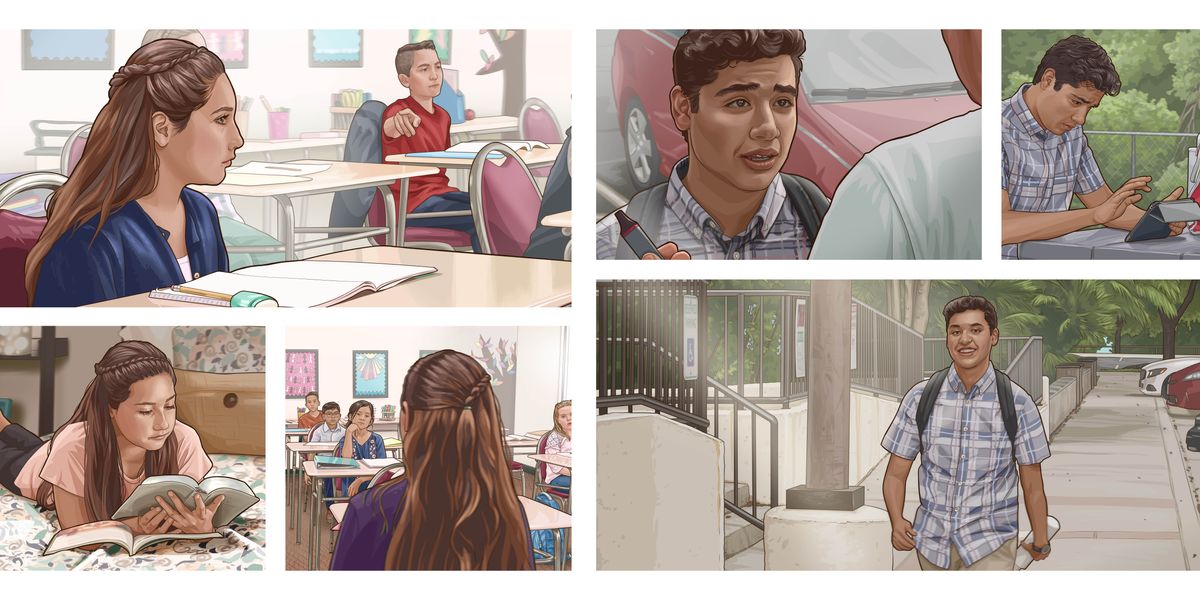 Collage: Scenes from the video “Love Never Fails Despite . . . An Ungodly School Environment.” 1. Ariel sits at her desk while a boy in her class points at her and asks why she does not salute the flag. 2. She uses the Bible and lison 61 of the book “Lessons You Can Learn From the Bible” to do personal lison. 3. She stands in front of her class and gives a witness. 4. Diego is offered an electronic cigarette by a classmate. 5. He uses a tablet to do research. 6. He walks away from his school with a confident smile.