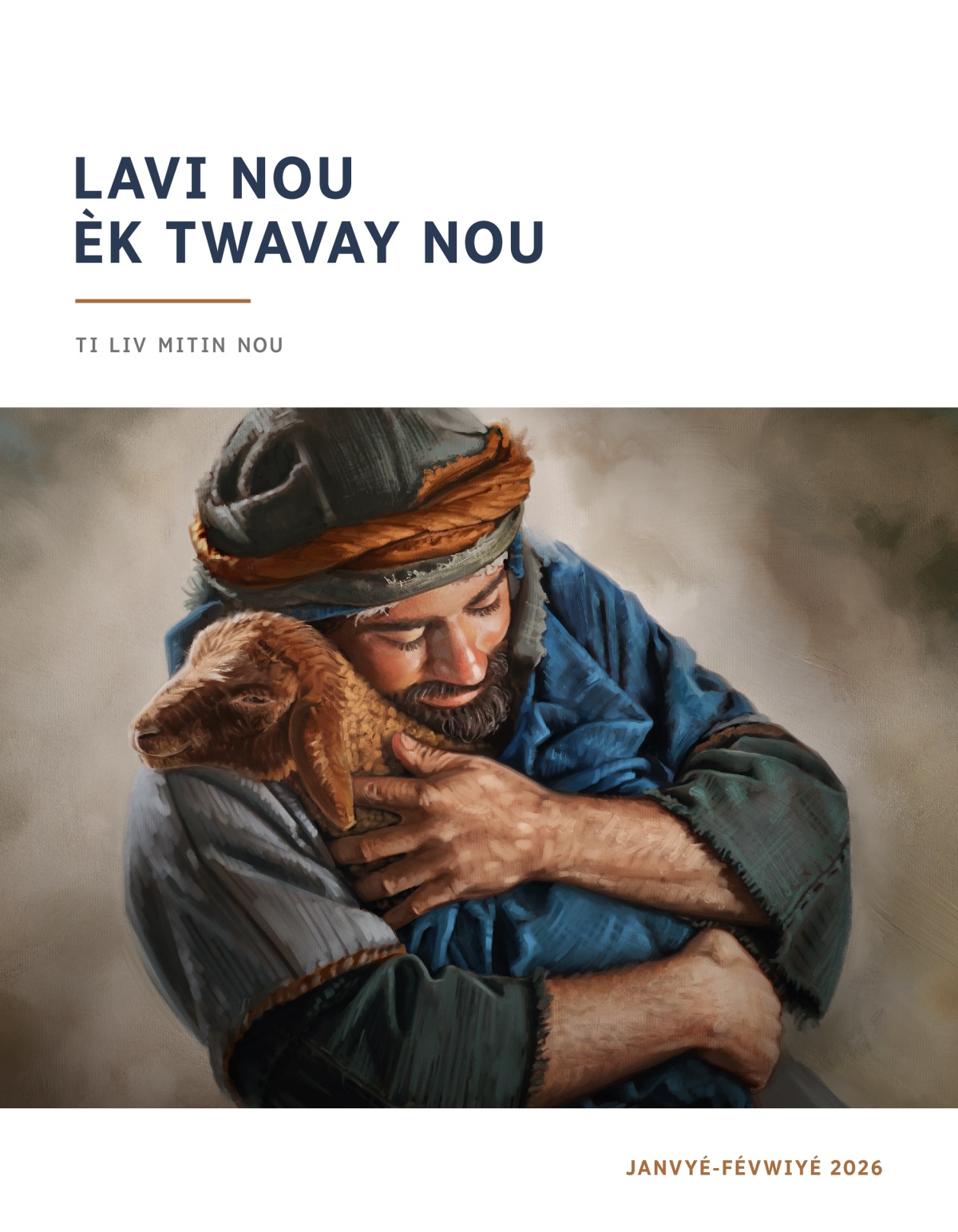 A shepherd lovingly cradling his lamb in his arms.