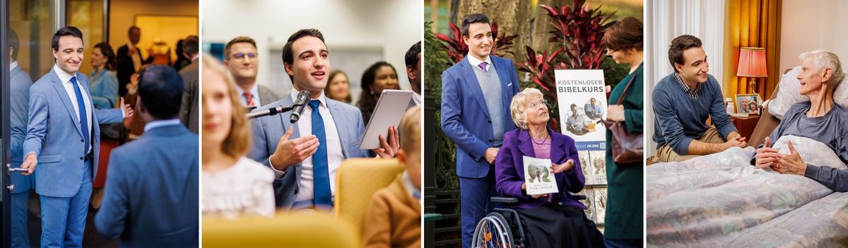 Sé Pòtwé-a: A brother making spiritual progress. 1. The brother greets others as they arrive at a congregation meeting. 2. He comments at a meeting. 3. He participates in cart witnessing with an elderly sister who is in a wheelchair. 4. He visits with an infirm elderly brother at his home.