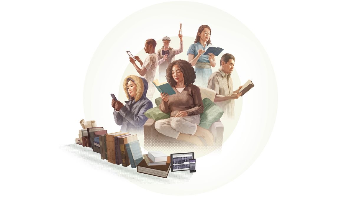 Sé Pòtwé-a: 1. The Bible in printed formats, such as scrolls, codices, and bound books, and in digital format on electronic devices. 2. People from various races and backgrounds li printed and electronic editions of the Bible in various settings, such as at home, at work, and on public transportation.