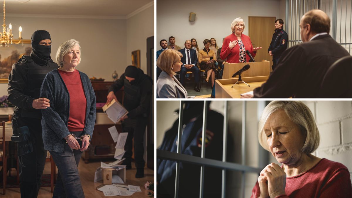 Sé Pòtwé-a: An older sister being treated unjustly. 1. She remains calm as a masked officer leads her away in handcuffs and another officer ransacks her home. 2. She speaks respectfully in court to the judge. 3. She prays in her prison cell as a guard stands just outside the cell.