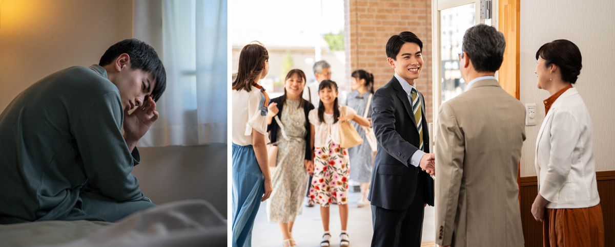 Sé Pòtwé-a: 1. A discouraged brother sits on a bed. 2. Later, he smiles as he is greeted by a couple at a congregation meeting.