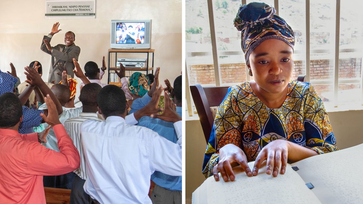 Sé Pòtwé-a: 1. Brothers and sisters sign a Kingdom song at a sign-language congregation meeting. 2. A blind sister reads the Bible in braille.