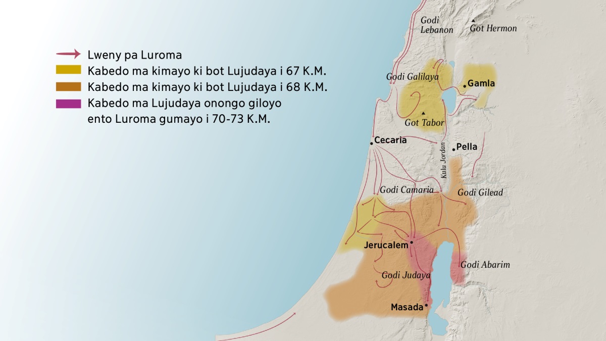 Mep ma tye ka nyuto godi kacel ki boma [gangi] ma i lobo Icrael i cencwari me acel. Godi me Lebanon, Galilaya, Camaria, ki Gilead, kacel ki Got Kermon ki Got Tabor, gitye tung kumalo me Jerucalem. Gamla, Cecaria, ki Pella onongo gubedo boma ma gitye tung kumalo me Jerucalem. Godi me Judaya ki Abarim, kacel ki boma me Masada onongo gitye tung kupiny me Jerucalem. Mep man bene tye ka nyuto ka ma lumony me Roma guwoto ki iye i kare me lweny kacel ki kabedo ma gumayo ki bot Lujudaya cakke i mwaka 67 K.M. me o i 73 K.M.