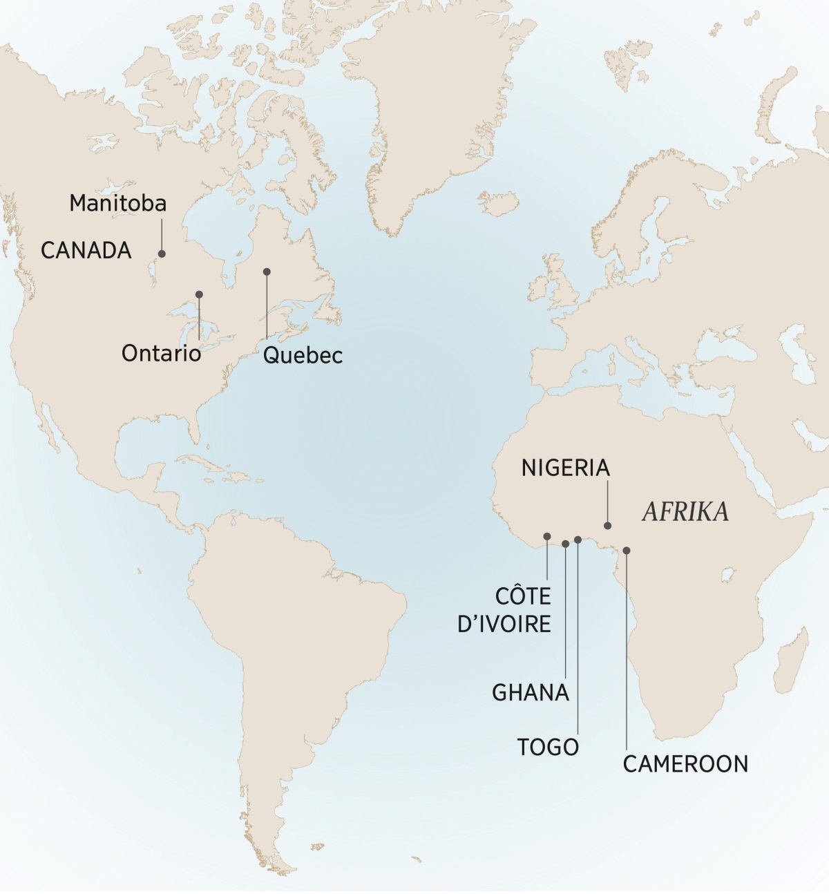 Zugba he fɔni nɛ tsɔɔ hehi nɛ André sɔmɔ ngɛ: Manitoba, Ontario, kɛ Quebec, Canada; Cameroon, Côte d’Ivoire, Ghana, Nigeria, kɛ Togo, Afrika.