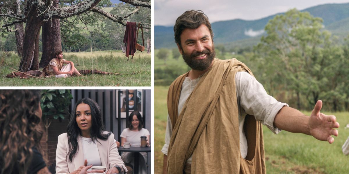 Imágenes de los puntos destacados del programa del sábado: 1. Juan el Bautista sentado debajo de un árbol. 2. Jesús le sonríe a alguien y extiende la mano. 3. Dos mujeres hablan en una cafetería.
