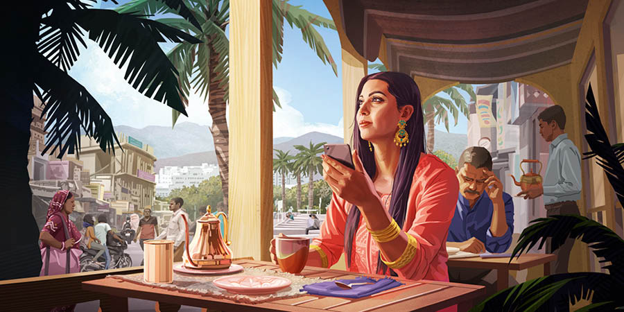 Una mujer en una cafetería de la India piensa en lo que acaba de leer.