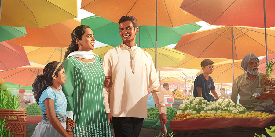 Una familia feliz en un mercado.