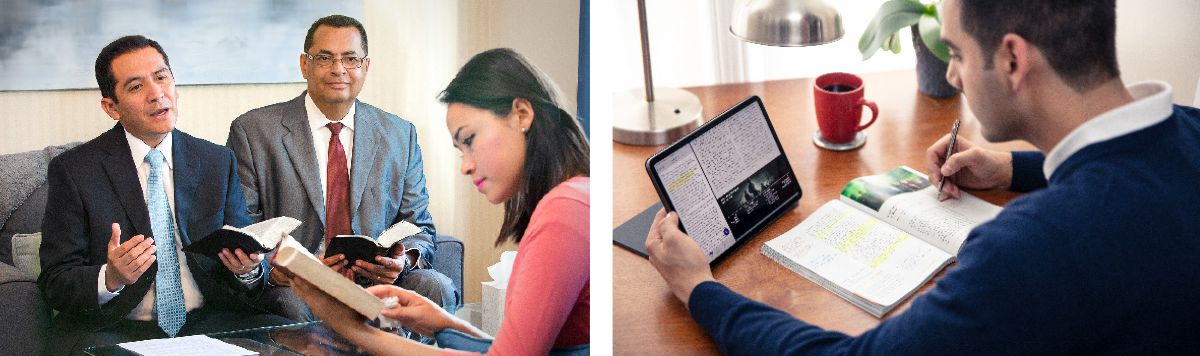 Dos hermanos aconsejan con la Biblia a una hermana. Un hermano analiza una nueva explicación sobre un texto bíblico durante su estudio personal