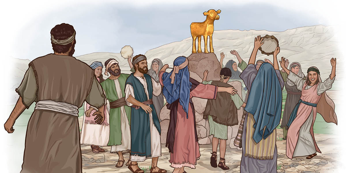 Israelitas bailando alrededor del becerro de oro.