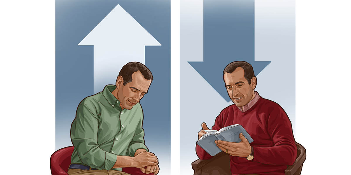 Imágenes de un hombre estrechando su amistad con Jehová: 1. Orando, y detrás de él hay una flecha apuntando hacia arriba. 2. Leyendo la Biblia, y detrás de él hay una flecha apuntando hacia abajo.