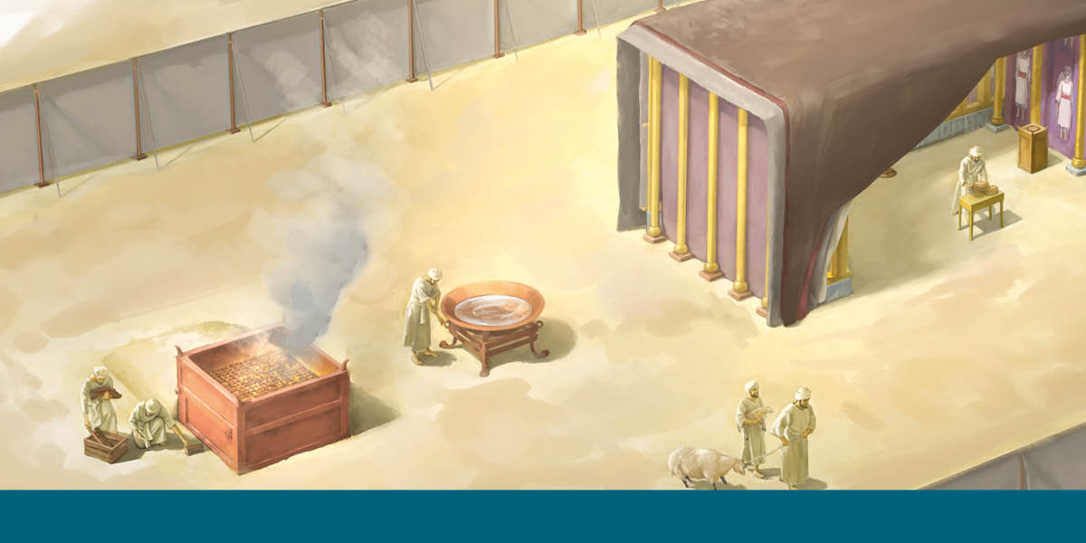 Unos sacerdotes en el patio del tabernáculo realizando sus labores cerca de la fuente de cobre y del altar de la ofrenda quemada. Un sacerdote frente a la mesa del pan de la presencia dentro del Santo.