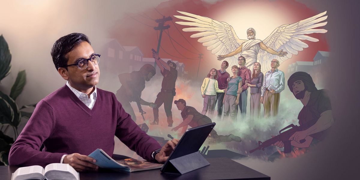 Un hermano estudia el libro “La adoración pura de Jehová: ¡por fin restaurada!” y se imagina a un ángel protegiendo a un grupo de siervos de Jehová en el Armagedón.