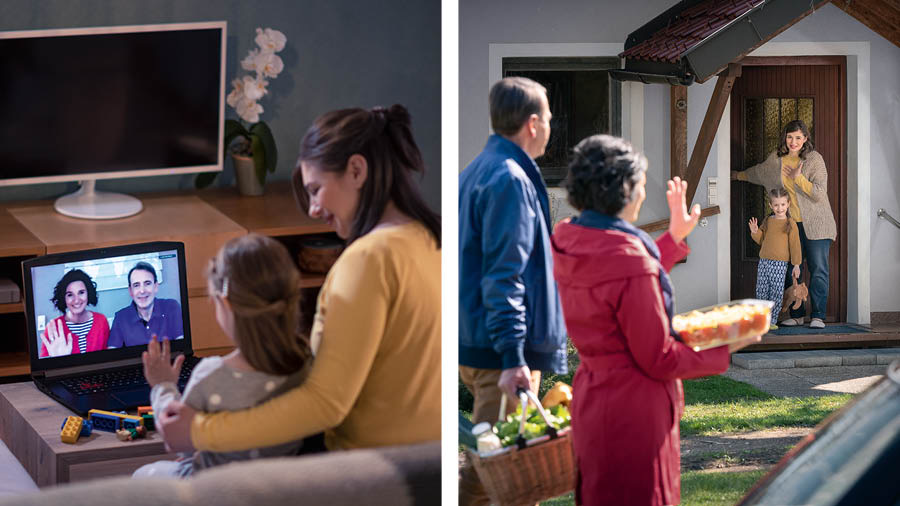 Serie de imágenes: 1. Una madre y su hijita hablan por videollamada con un matrimonio. 2. El matrimonio les lleva comida hecha y una canasta de alimentos a la madre y la hija.