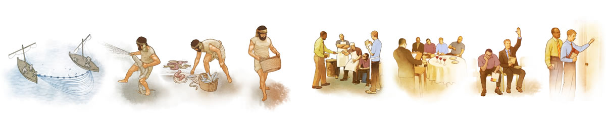 1. Con una red barredera se recoge todo tipo de peces, luego se junta a los excelentes en receptáculos; 2. Un publicador predica a un grupo de hombres, pero solo uno de ellos se pone de parte de Jehová