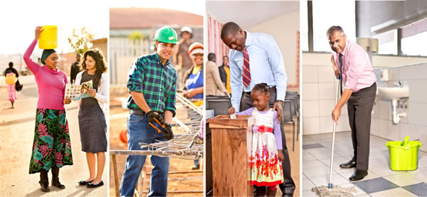 Una hermana predicando, un hermano trabajando en una construcción, una niña echando dinero en la caja de donaciones, un hermano limpiando el baño del salón