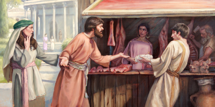Una pareja de cristianos del siglo primero se ofende al ver a otro cristiano comprando carne en el mercado