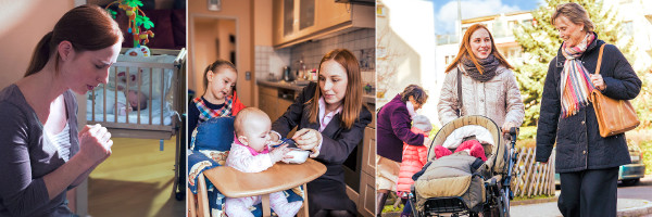 Una hermana... 1. ...ora junto a la cuna de su bebé, 2. ...alimenta a su bebé, 3. ...lleva a su bebé en la predicación