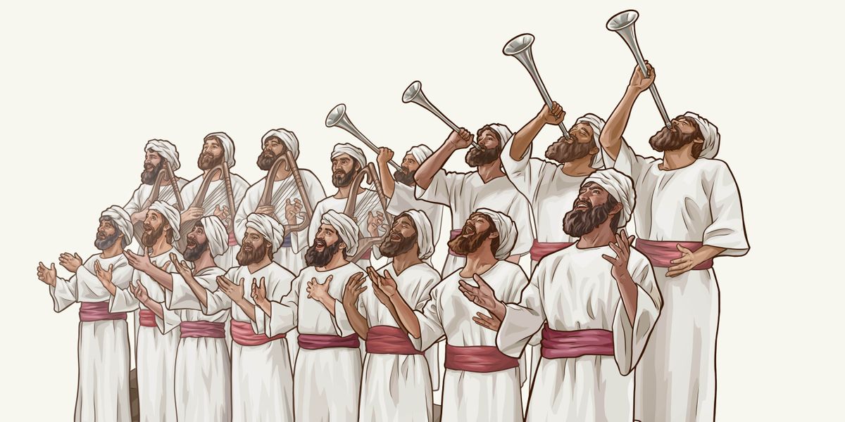 Músicos israelitas tocando trompetas y arpas, y cantando en voz alta para adorar a Jehová.