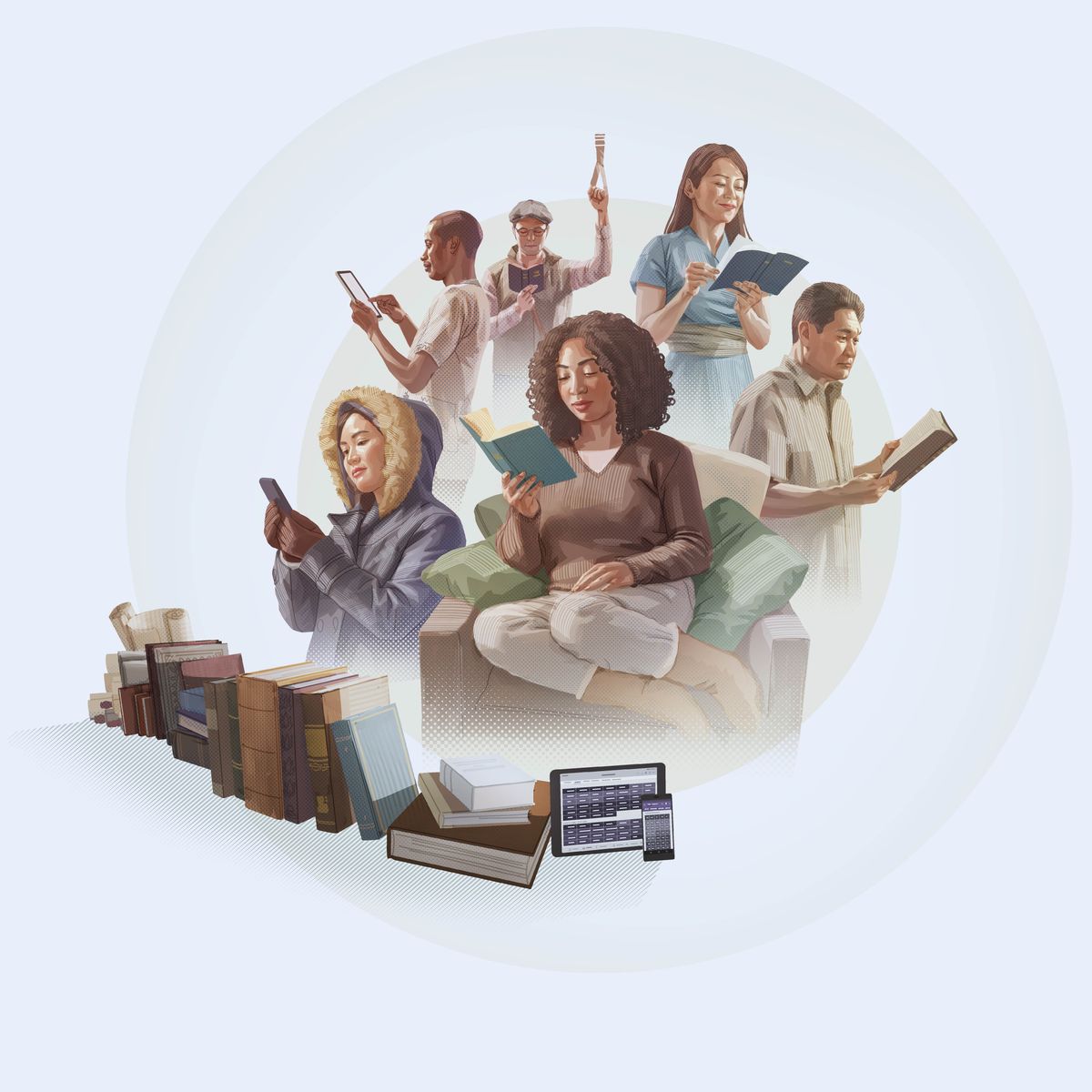 Personas de distintas nacionalidades leen la Biblia. Delante se ven varias biblias en formato impreso y digital.