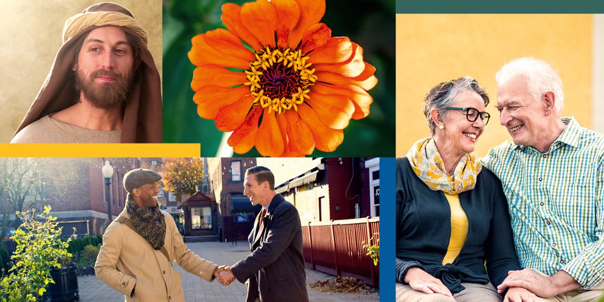 Collage: 1. Die priester Esra. 2. ’n Blom. 3. Twee van Jehovah se Getuies uit verskillende agtergronde preek saam. Hulle glimlag en skud mekaar se hand. 4. ’n Gelukkige bejaarde paartjie glimlag vir mekaar en hou handjies vas.