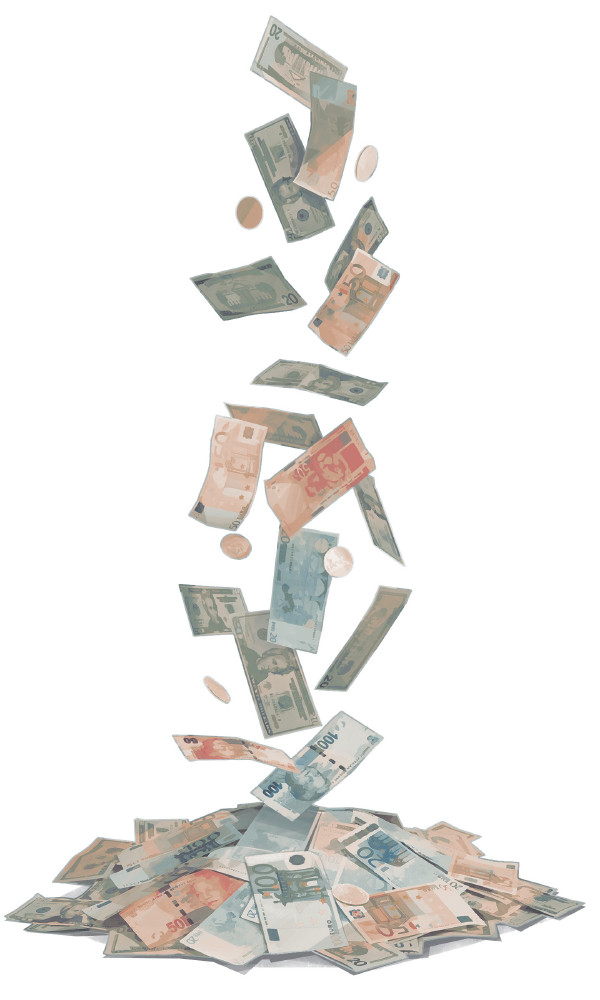 Geld val op ’n hoop