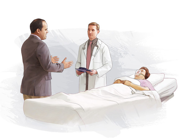 ’n Vrou lê in die bed terwyl haar gesondheidsorgverteenwoordiger met die dokter praat