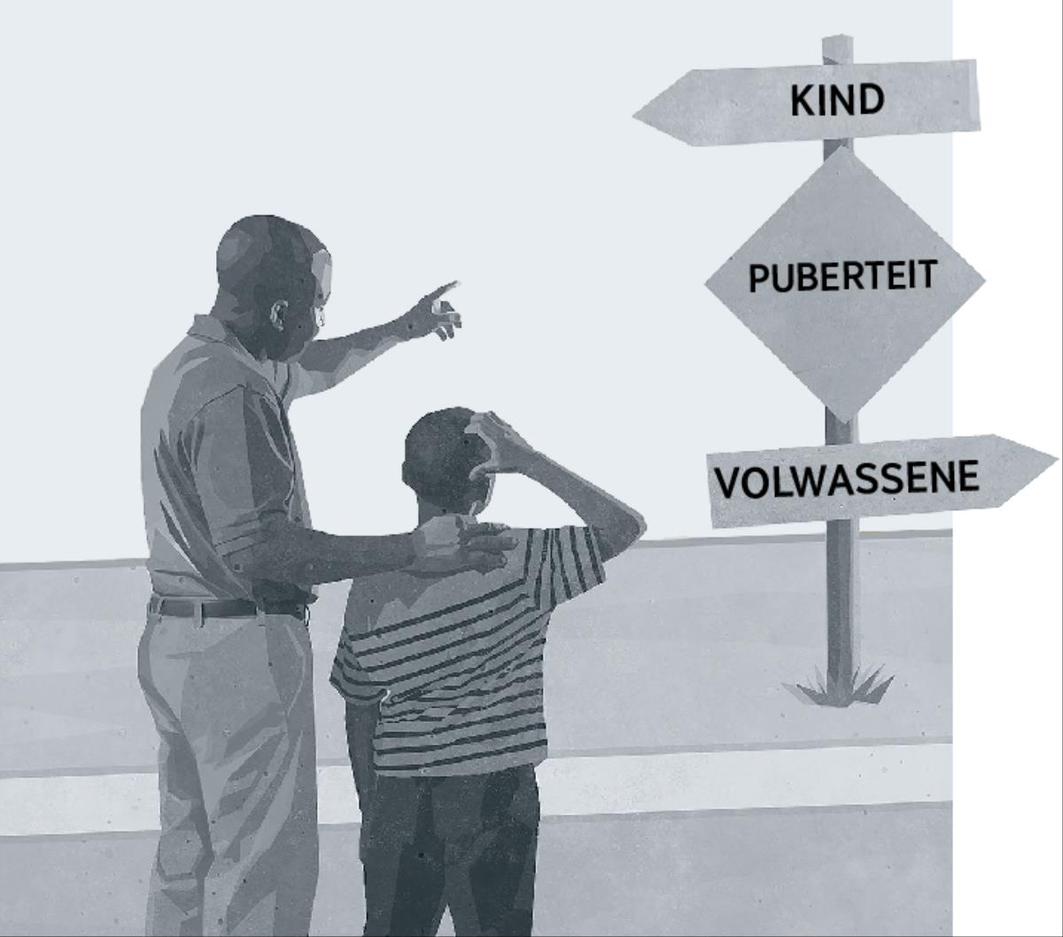 ’n Pa en sy seun kyk na ’n padwyser wat puberteit toon op die pad van die kinderjare na volwassenheid