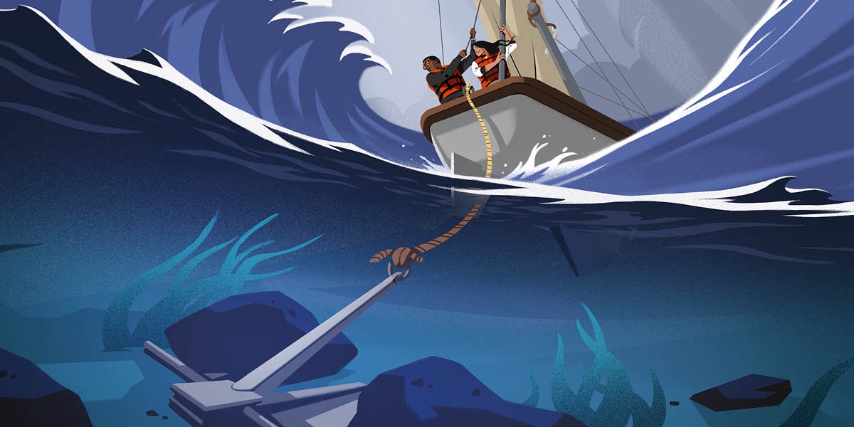 ’n Anker hou ’n boot vas tydens ’n storm