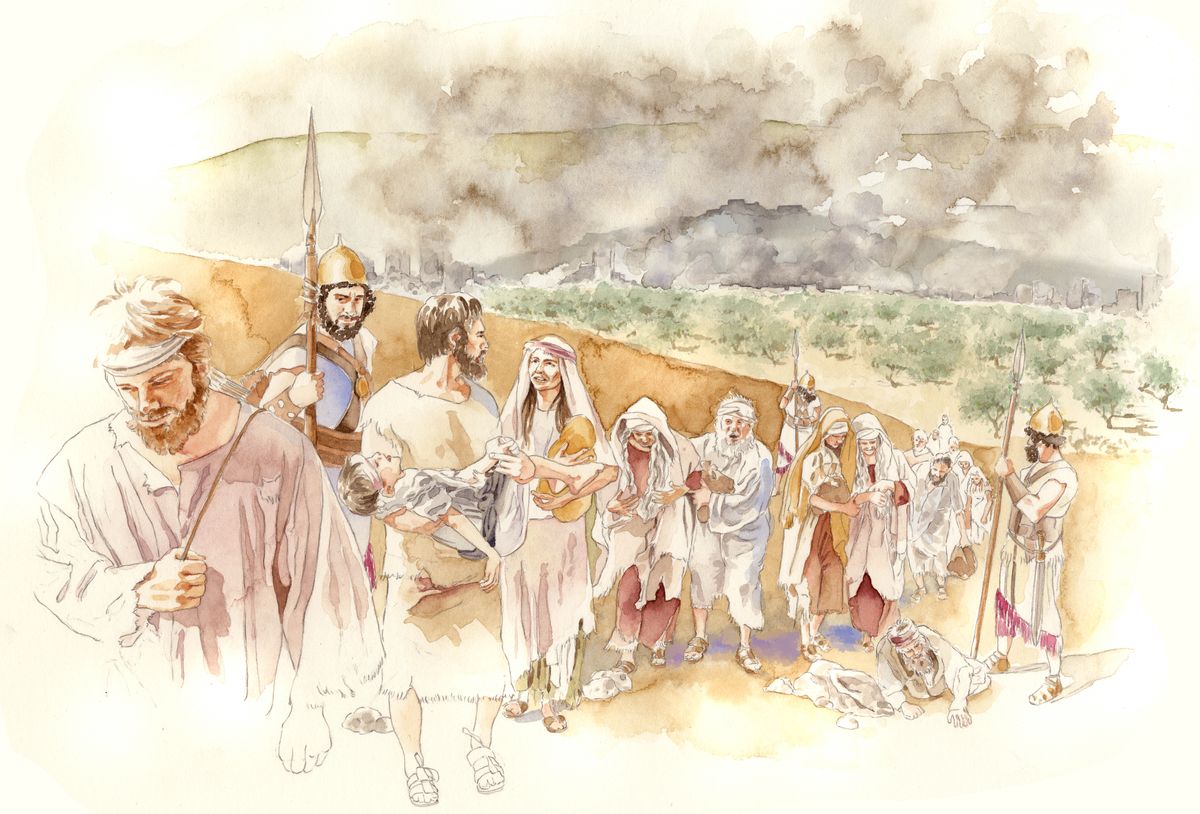 Babiloniese soldate neem Joodse mans, vrouens en kinders weg in ballingskap. Rook trek op uit Jerusalem in die verte.