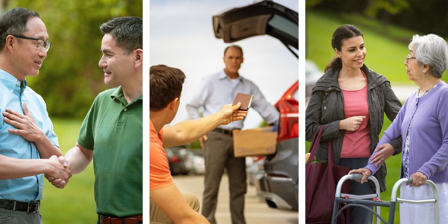 ’n Jong man ontmoet en groet ’n ouer man; ’n jong man gee ’n beursie terug wat hy opgetel het; ’n jong vrou dring daarop aan om ’n ouer vrou te help met haar loopraam