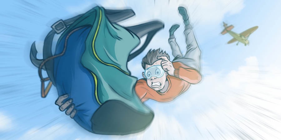 ’n Jong man spring uit ’n vliegtuig en gryp na ’n sak wat ’n valskerm in het