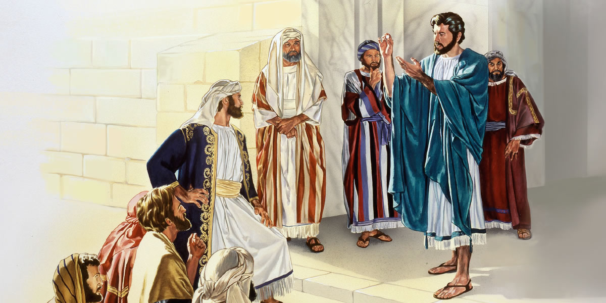 Jesus hou ’n muntstuk in sy hand waarmee mense belasting betaal en hy antwoord die Fariseërs wat hom probeer vasvra