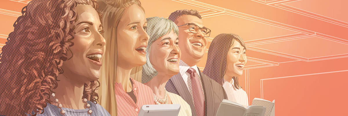 ’n Groep mense sing by ’n vergadering van Jehovah se Getuies.