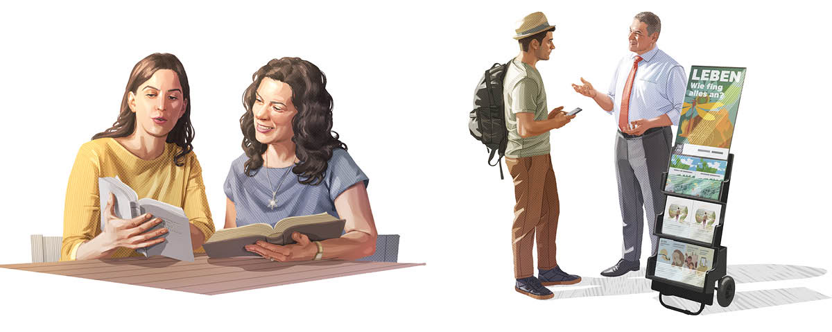 Collage: Jehovah se Getuies preek. 1. ’n Suster lees en bespreek ’n vers met ’n vrou. 2. ’n Broer praat met ’n man by ’n trollie oor die waarheid in die Bybel.
