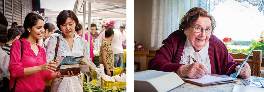 Collage: Twee susters gee hulle beste ‘lofoffer’ aan Jehovah. 1. ’n Suster wat in ’n anderstalige veld dien, praat met ’n vrou by die mark. 2. ’n Ouer suster skryf briewe van haar huis af.