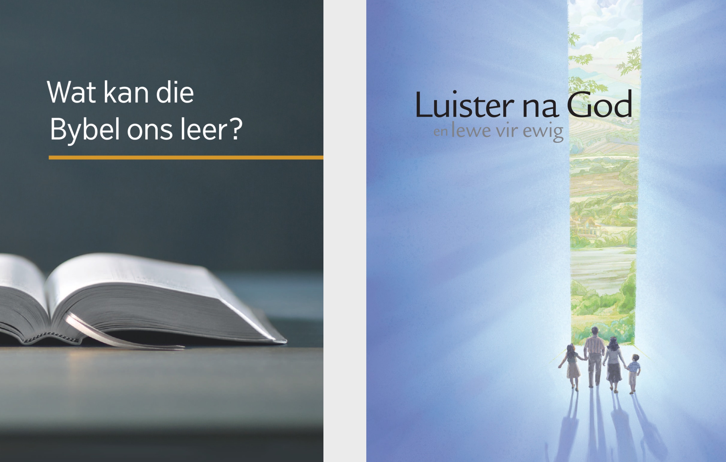 Die boek ‘Wat kan die Bybel ons leer?’ en die brosjure ‘Luister na God en lewe vir ewig’.