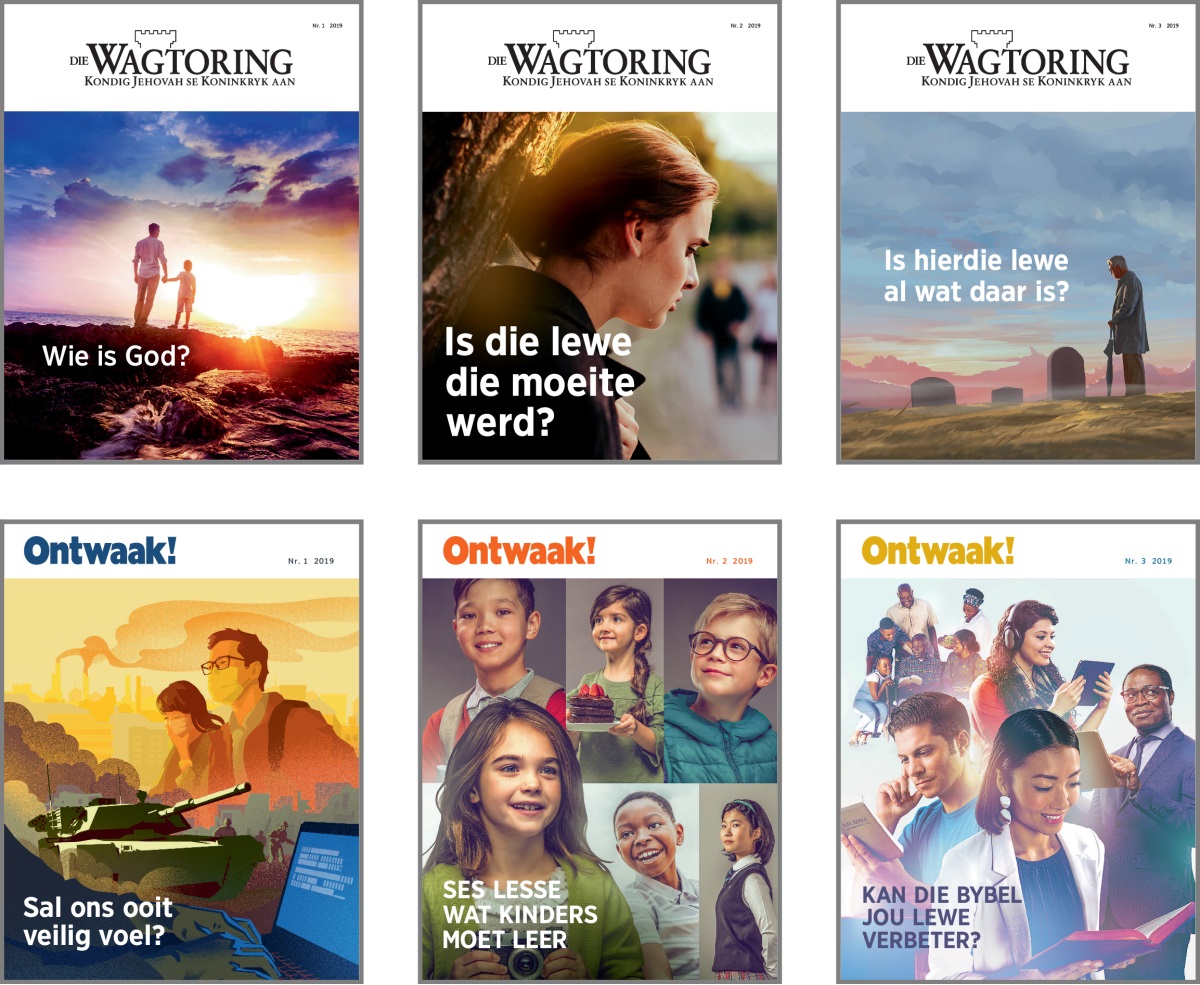 Collage: Voorbladonderwerpe vir ‘Die Wagtoring’ en ‘Ontwaak!’ in 2019. 1. ‘Wie is God?’ 2. ‘Is die lewe die moeite werd?’ 3. ‘Is hierdie lewe al wat daar is?’ 4. ‘Sal ons ooit veilig voel?’ 5. ‘Ses lesse wat kinders moet leer.’ 6. ‘Kan die Bybel jou lewe verbeter?’