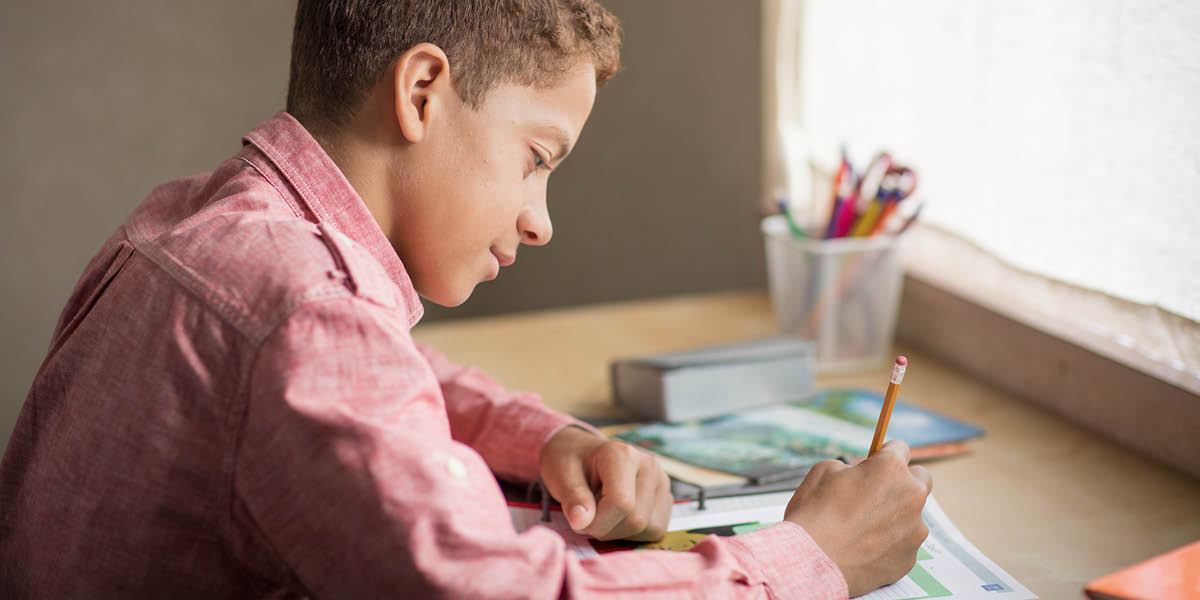 ’n Jong broer sit by sy lessenaar en doen diep persoonlike studie.