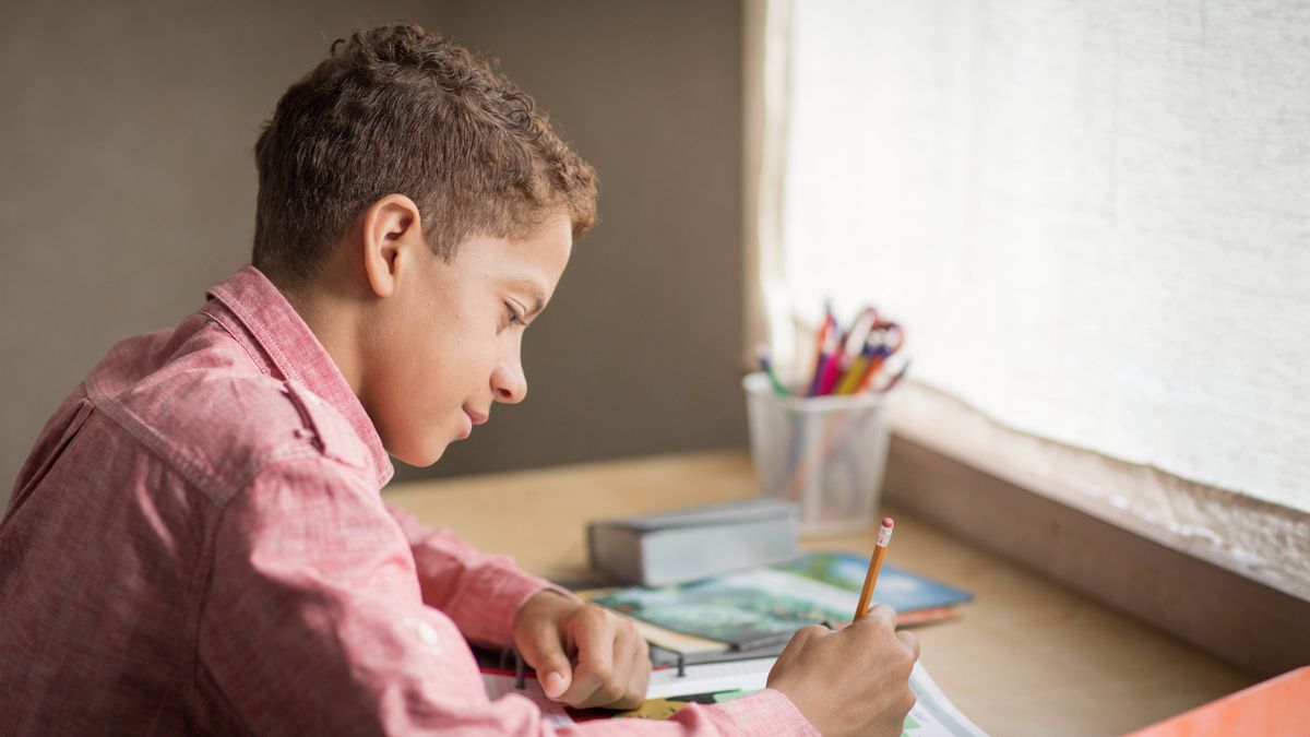 ’n Jong broer doen persoonlike studie. Die brosjure “Is lewe geskep?” is op sy tafel.