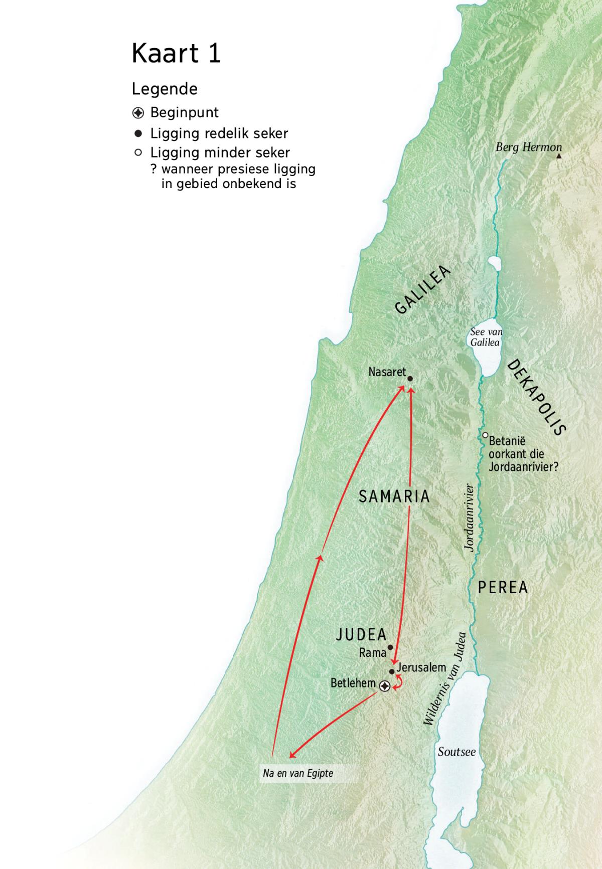Kaart met plekke wat met Jesus se lewe verband hou: Betlehem, Nasaret, Jerusalem