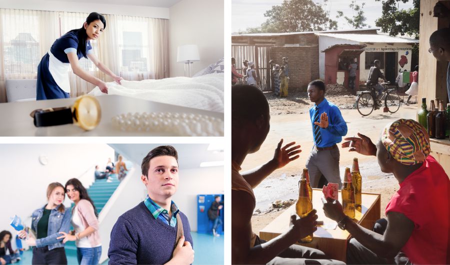 Collage: Broers en susters weerstaan versoeking. 1. ’n Suster wat ’n hotelkamer skoonmaak, sien juweliersware wat die gaste daar gelos het. 2. ’n Jong broer by die skool loop weg van twee meisies wat na hom kyk. 3. ’n Broer sê nee vir ’n uitnodiging om saam met vorige vriende te drink, te rook en te dobbel.