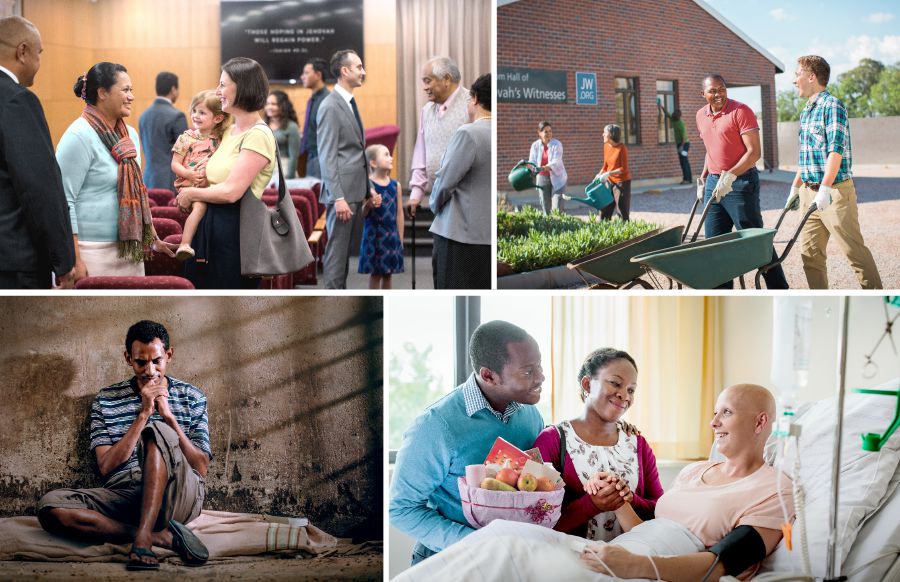 Collage: Aanbidders van Jehovah. 1. Broers en susters assosieer by ’n Koninkryksaal. 2. Broers en susters werk saam by ’n Koninkryksaal. 3. ’n Broer wat in die tronk is, bid. 4. ’n Paartjie besoek ’n suster wat baie siek is in die hospitaal.