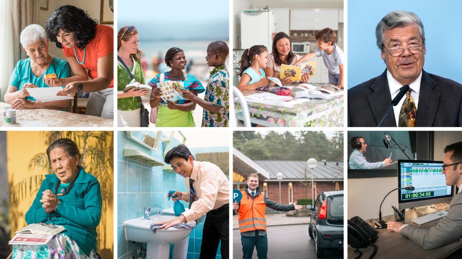 Collage: God se volk van vandag. 1. ’n Suster help haar bejaarde ma met haar medikasie. 2. ’n Sendeling lei ’n jonger verkondiger in die bediening op. Hulle preek by die strand. 3. ’n Enkelma hou ’n Bybelstudie met haar twee kinders. 4. Gerrit Lösch hou oggendaanbidding vir die Bethelgesin. 5. ’n Bejaarde suster bid. Sy het ’n Bybel en ’n lys van die name van die broers wat in die tronk is, op haar skoot. 6. ’n Broer maak die toilet by ’n Koninkryksaal skoon. 7. ’n Broer help met die parkering by ’n Byeenkomssaal. 8. Broers werk by ’n opname-ateljee by ’n vertaalkantoor.