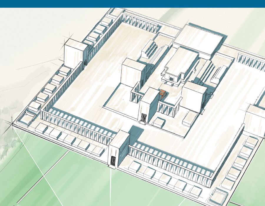 Die tempel in Esegiël se visioen, soos dit van bo af gesien word.
