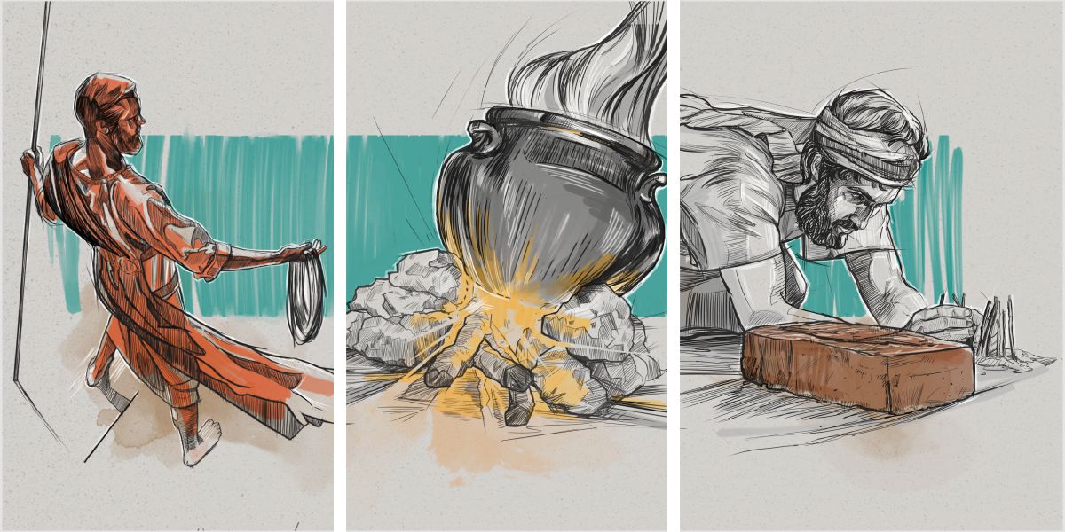 Collage: Hoe om Esegiël se profesieë te verstaan. 1. Visioene: ’n man wat soos koper blink met ’n vlastou en ’n meetriet. 2. Illustrasies: ’n kookpot op ’n vuur. 3. Uitbeeldings: Esegiël bou ’n beleëringsmuur om ’n baksteen.