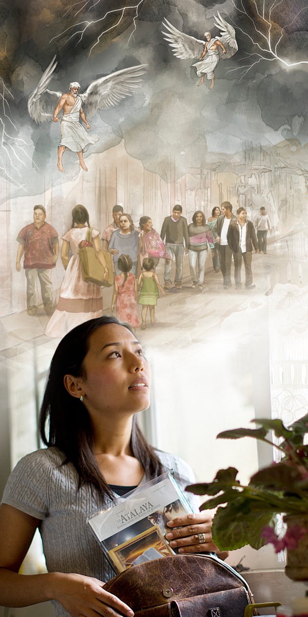 Een van Jehovah se Getuies berei voor om te gaan preek terwyl sy haar die engele voorstel wat die vernietigende winde vashou